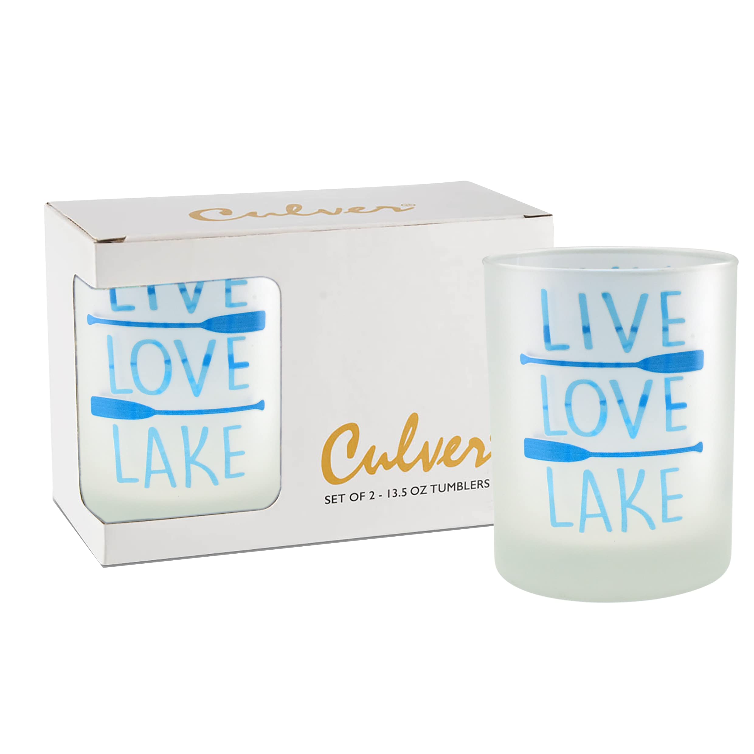 Culver Live Love Lake Decorated Frosted Double Old Fashioned Tumbler Glasses, 13.5-Ounce, Gift Boxed Set of 2