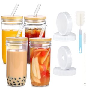 renyih 4 pack 24oz glass cups with bamboo lids & glass boba straws & 2 airtight lids - reusable glass boba cup, iced coffee glasses,travel glass tumbler for milkshakes,juice