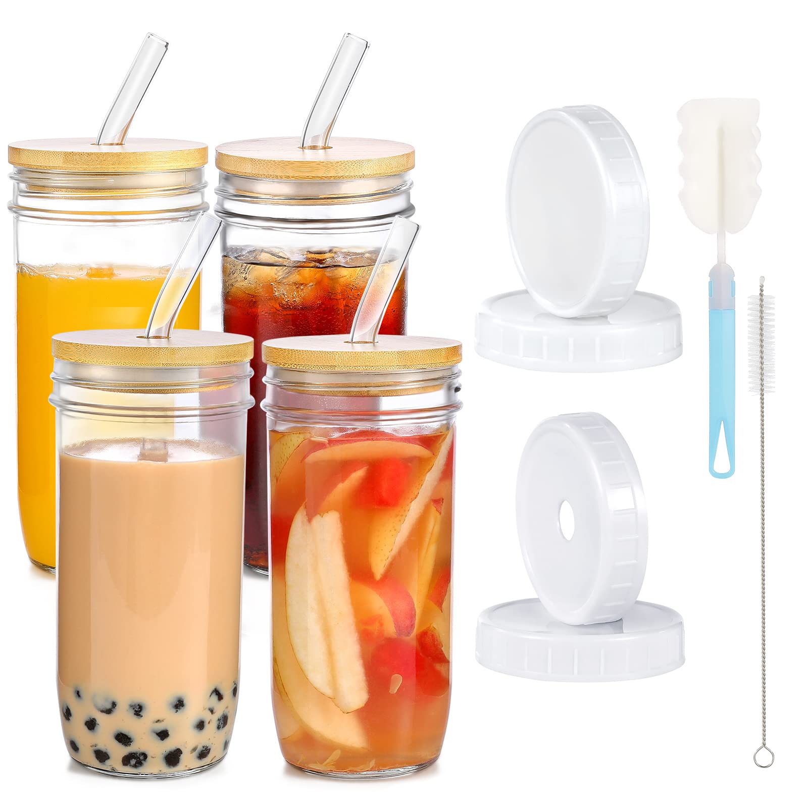 RENYIH 4 Pack 24oz Glass Cups with Bamboo Lids & Glass Boba Straws & 2 Airtight Lids - Reusable Glass Boba Cup, Iced Coffee Glasses,Travel Glass Tumbler for Milkshakes,Juice