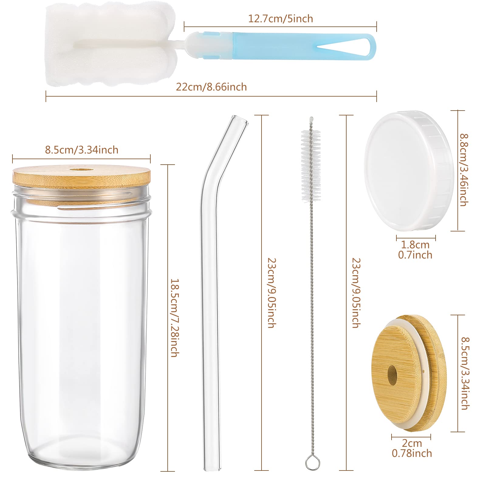 RENYIH 4 Pack 24oz Glass Cups with Bamboo Lids & Glass Boba Straws & 2 Airtight Lids - Reusable Glass Boba Cup, Iced Coffee Glasses,Travel Glass Tumbler for Milkshakes,Juice