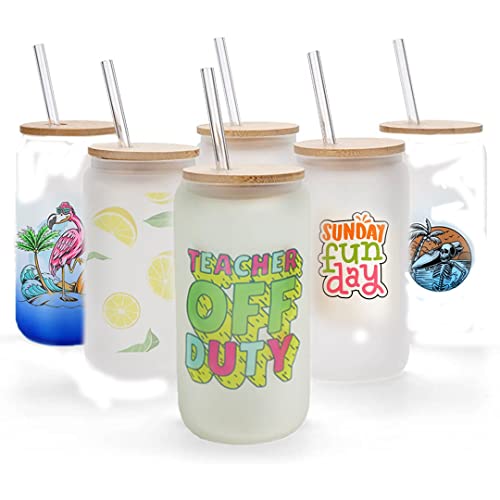 Hazelio 6 Pack Frosted Sublimation Glass Blanks With Bamboo Lid,16 OZ Sublimation Beer Can Glass Cups,Drinking Glasses Jars Mugs Tumblers With Straw,Ideal for Whiskey,Iced Coffee,Juice,Soda,Water