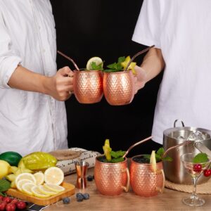 Moscow Mule Mugs Set of 2 - Hammered Moscow Mule Mugs Drinking Cup Stainless Steel Lining with 2 Straws-1 Jigger-Great Dining Entertaining Bar Gift Set (Mug Set of 2 double jigger included)