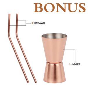 Moscow Mule Mugs Set of 2 - Hammered Moscow Mule Mugs Drinking Cup Stainless Steel Lining with 2 Straws-1 Jigger-Great Dining Entertaining Bar Gift Set (Mug Set of 2 double jigger included)