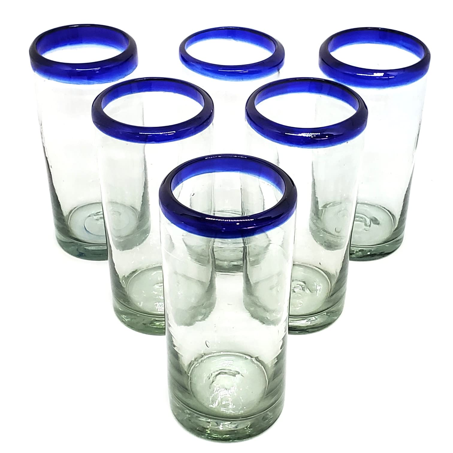 MexHandcraft Cobalt Blue Rim 14 oz Highball Glasses (set of 6), Recycled Glass, Lead-free, Toxin-Free (Highball)