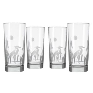 rolf glass heron highball glass 15 ounce - set of 4 cooler glasses – lead-free glass - engraved drinking glass with heavy base - designed and engraved in the usa
