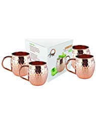 set of 4 moscow mule mug - 100% pure solid copper mugs, 16 oz unlined, no nickel interior, handcrafted hammered copper cups, free recipe e book