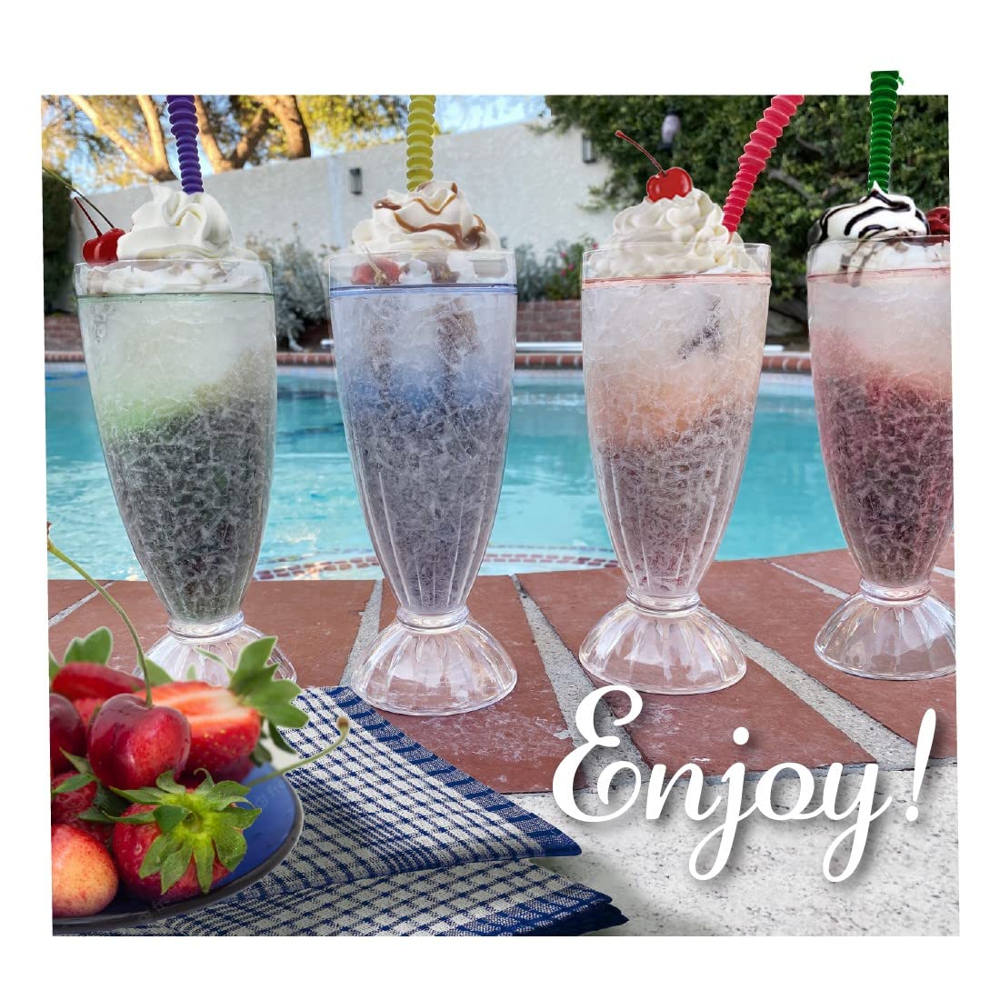 Lily's Home Insulated Double Wall Gel-Filled Acrylic Plastic Frosted Freezer Milkshake Glasses. Ideal for Root Beer Float, Smoothies and Ice Cream Soda. Old Fashioned Style. Set of 4 Colors