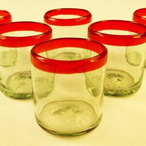 Mexican Glass Red Rim, Hand Blown, 7 Oz (6)