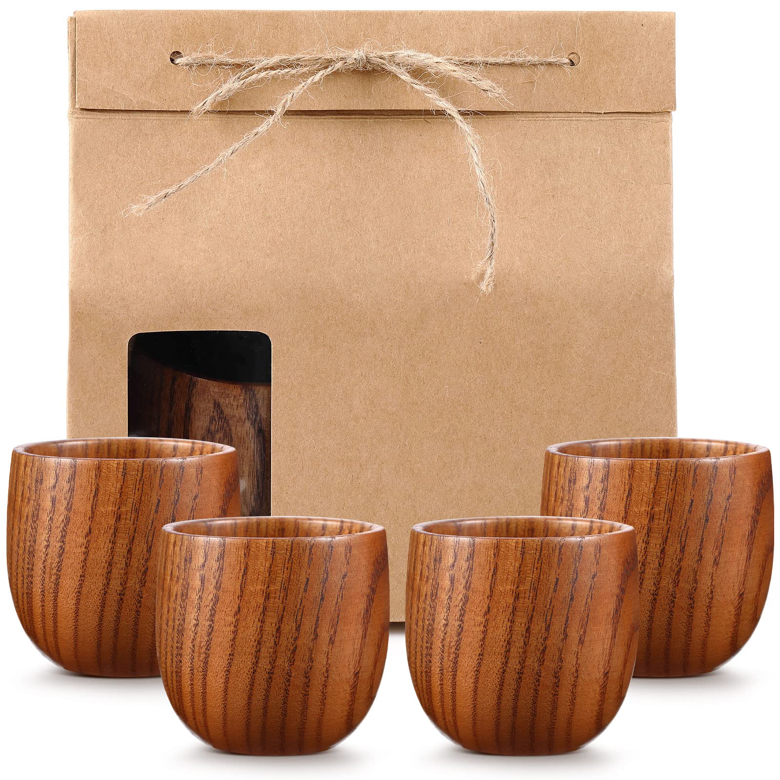 4 Pcs Wooden Bourbon Glass Bourbon Gifts for Men 150 ml Wood Whiskey Glasses Wooden Cup Mugs Wood Drinking Cup Old Fashioned Glasses with Kraft Bag for Tea Coffee Wine Lover Dad Brother Birthday Gift