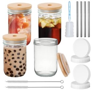 mason jar with lid and straw, 4 pcs 16oz glass tumbler, beer glasses, smoothie cup, iced coffee cup, drinking glasses, beer can glass, mason jar cups, for juice drinks