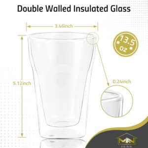 M&N HOME Double Wall Insulated Glass Tumbler Drink Glass, 13.5 Oz Highball Glass Cups for Beer, Lemonade, Iced Tea, Tropical Drink. Cocktail, Smoothie, Mojito - Set of Four