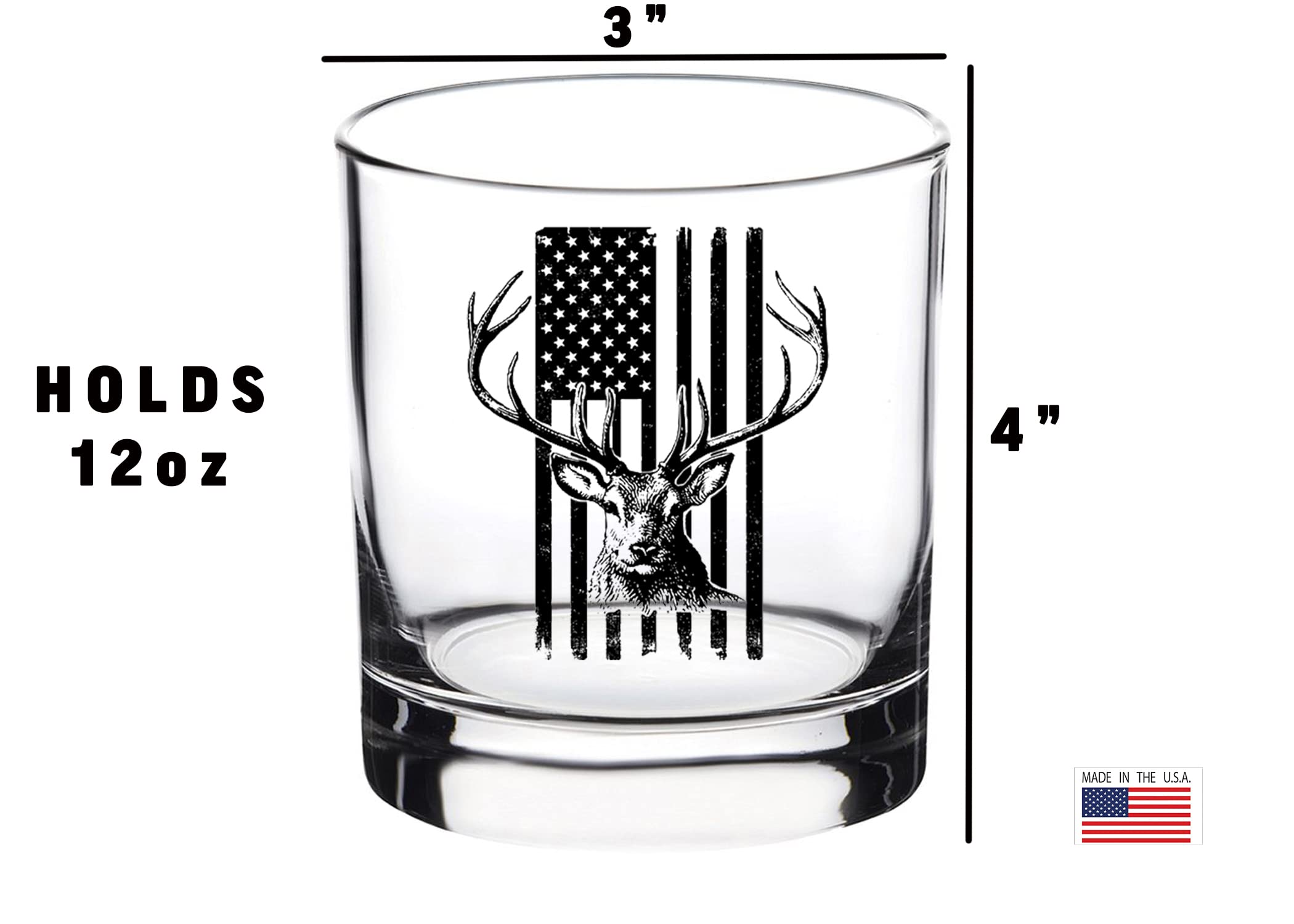 Rogue River Tactical USA Tattered Flag Buck Deer Hunting Old Fashioned Glass Drinking Cup Gift For Hunter