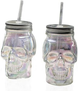 circleware skull face beer glass mason jars with lids and straws, set of 2, heavy base fun entertainment glassware beverage drinking cup for water, wine & bar decor novelty gifts,16 oz, 2pc