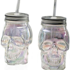 Circleware Skull Face Beer Glass Mason Jars with Lids and Straws, Set of 2, Heavy Base Fun Entertainment Glassware Beverage Drinking Cup for Water, Wine & Bar Decor Novelty Gifts,16 oz, 2pc