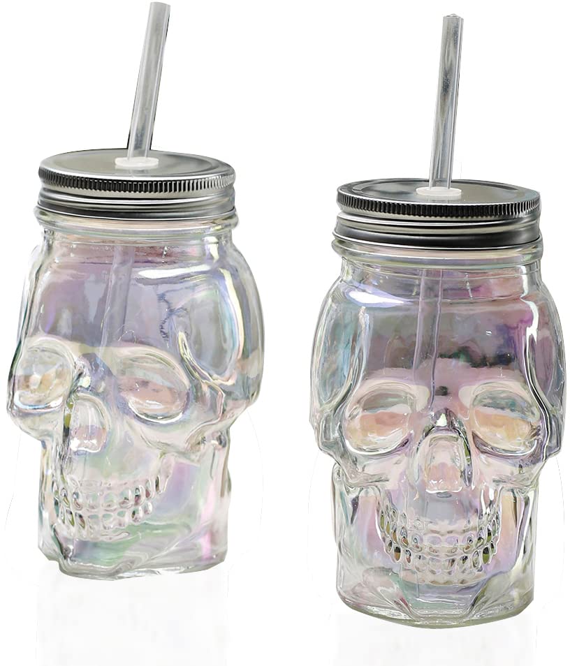 Circleware Skull Face Beer Glass Mason Jars with Lids and Straws, Set of 2, Heavy Base Fun Entertainment Glassware Beverage Drinking Cup for Water, Wine & Bar Decor Novelty Gifts,16 oz, 2pc