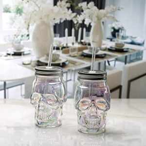 Circleware Skull Face Beer Glass Mason Jars with Lids and Straws, Set of 2, Heavy Base Fun Entertainment Glassware Beverage Drinking Cup for Water, Wine & Bar Decor Novelty Gifts,16 oz, 2pc