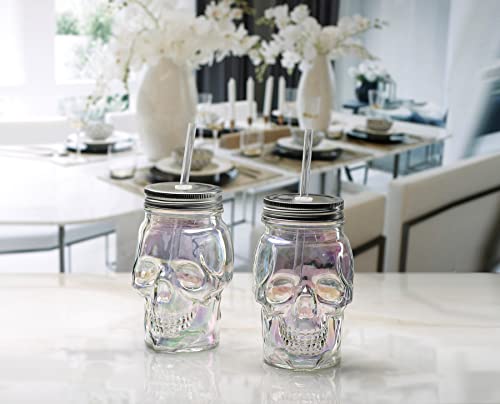 Circleware Skull Face Beer Glass Mason Jars with Lids and Straws, Set of 2, Heavy Base Fun Entertainment Glassware Beverage Drinking Cup for Water, Wine & Bar Decor Novelty Gifts,16 oz, 2pc