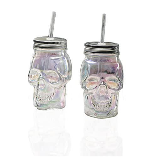 Circleware Skull Face Beer Glass Mason Jars with Lids and Straws, Set of 2, Heavy Base Fun Entertainment Glassware Beverage Drinking Cup for Water, Wine & Bar Decor Novelty Gifts,16 oz, 2pc