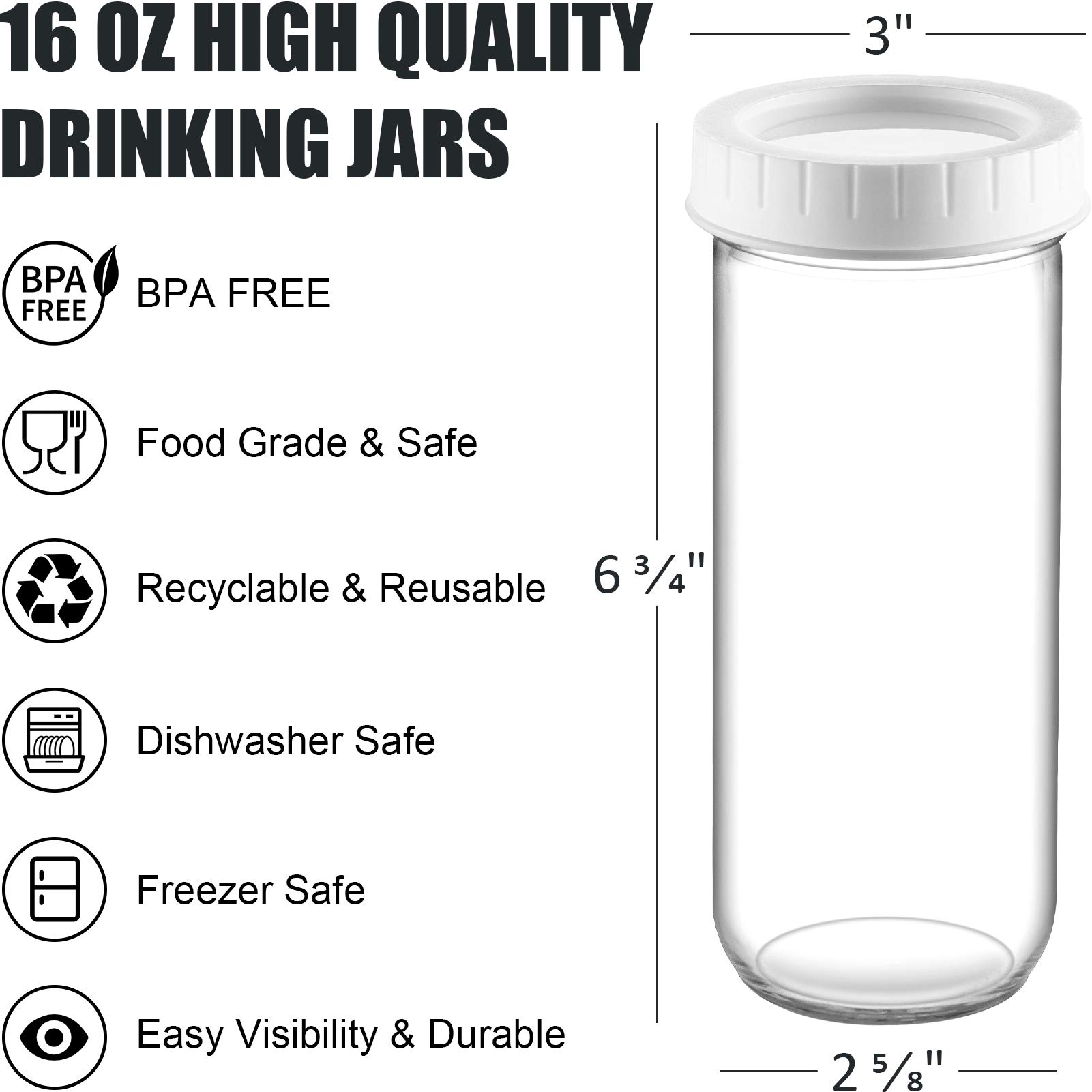 Glass Drinking Bottle Travel Drinking Jars 6 Pack, 16oz Mason Jars Regular Mouth Beverage Bottle with Airtight Lids, Reusable Water Bottle Skinny Tumbler for Juice/Smoothies/Kombucha/Tea/Milk/Shakes