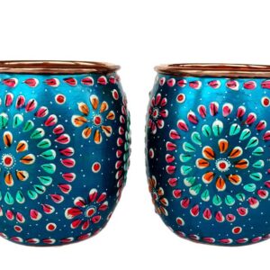 Rastogi Handicrafts Handmade Pure Copper Outer Hand Painted Art Work Wine, Vodka, Beer,Cocktail,Juice, Cold Coffee Mug - Cup 16 oz (2)