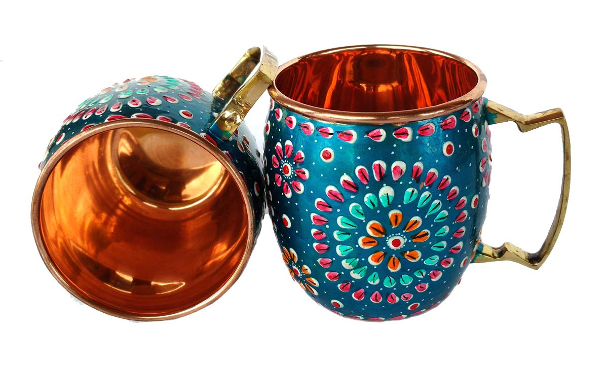 Rastogi Handicrafts Handmade Pure Copper Outer Hand Painted Art Work Wine, Vodka, Beer,Cocktail,Juice, Cold Coffee Mug - Cup 16 oz (2)