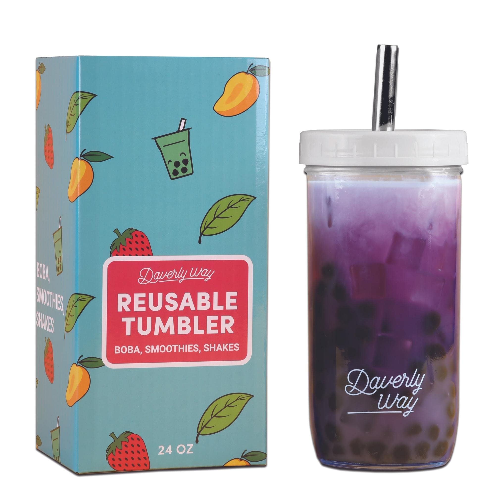 Daverly Way Reusable Boba Bubble Smoothie Cups with Lid And Metal Reusable Straw and Straw Cleaner In Fun Gift Box (1-pack, 24oz Boba Tea Drinking Jar)