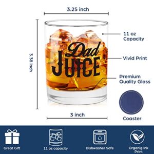 Dad Juice Funny Whiskey Glass Gift for Dad, Unique Gag Birthday, Fathers Day, Christmas, Gifts Idea for Men, New Dad from Son, Daughter, Kids, Wife, Old Fashioned Bourbon Rocks Glass for Dad, 11oz