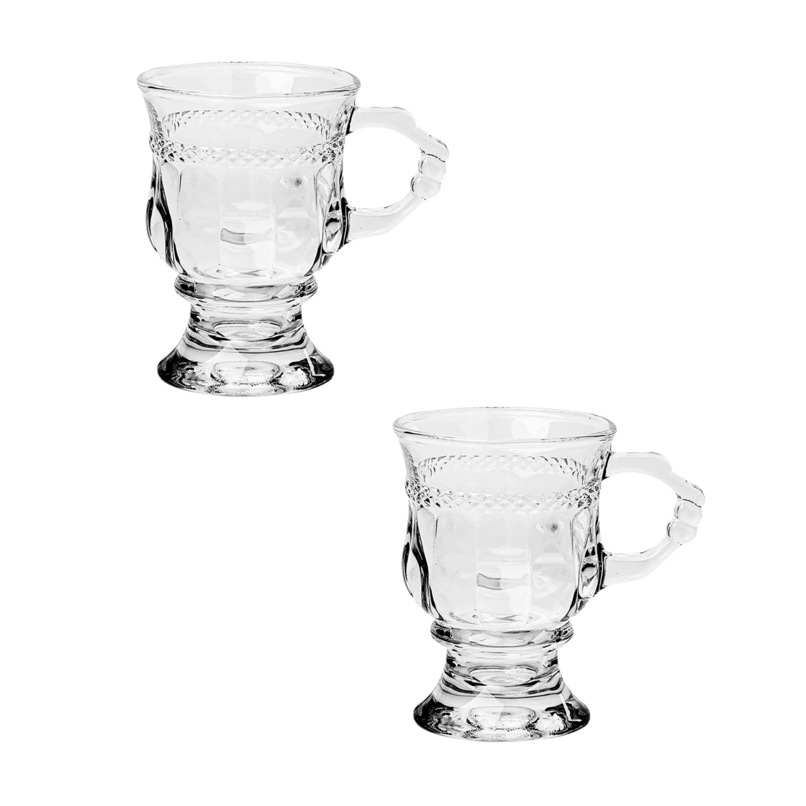 JOYMENTHERE Irish Coffee Mugs, Glass Footed Espresso Cups with Handles, Clear Goblet Mugs Glasses for Coffee, Latte, Cappuccino, Smoothie, Hot&Cold, 4.2 Oz, Set of 2 (Transparency)