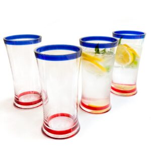 lily's home unbreakable acrylic plastic highball tumblers, premium shatterproof glasses, ideal for indoor or outdoor use, reusable, crystal clear with colored rim, set of 4-18 oz each