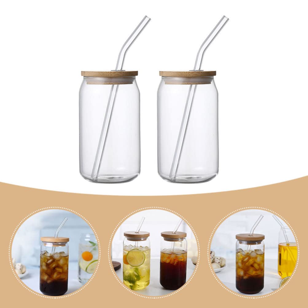 SEWACC 2 Pcs Glass Cups with Lids and Straws 12 Oz Iced Coffee Cup Drinking Glasses Water Glasses Tumbler Cup Ideal for Juice Coffee Tea and Cocktail