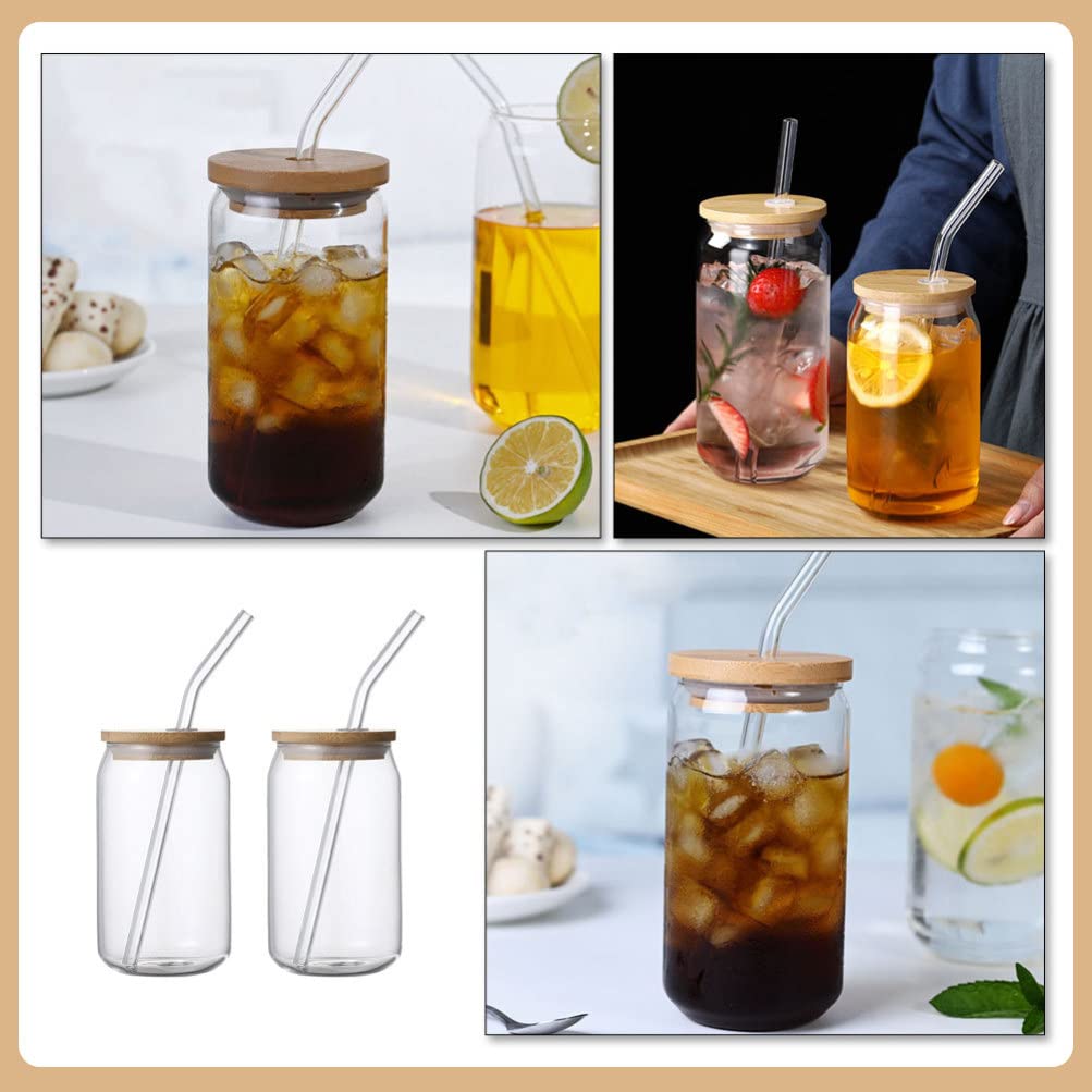 SEWACC 2 Pcs Glass Cups with Lids and Straws 12 Oz Iced Coffee Cup Drinking Glasses Water Glasses Tumbler Cup Ideal for Juice Coffee Tea and Cocktail
