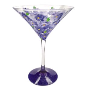 purple flowers hand painted martini glass - sparkly purple, pretty flower cocktail glass