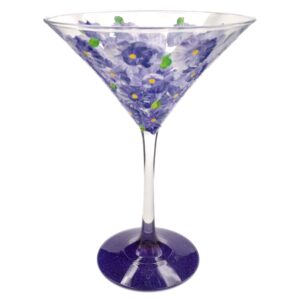 Purple Flowers Hand Painted Martini Glass - Sparkly Purple, Pretty Flower Cocktail Glass