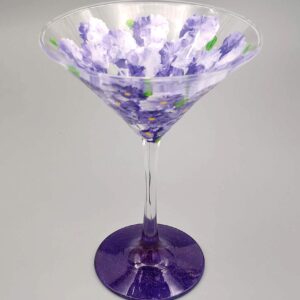 Purple Flowers Hand Painted Martini Glass - Sparkly Purple, Pretty Flower Cocktail Glass