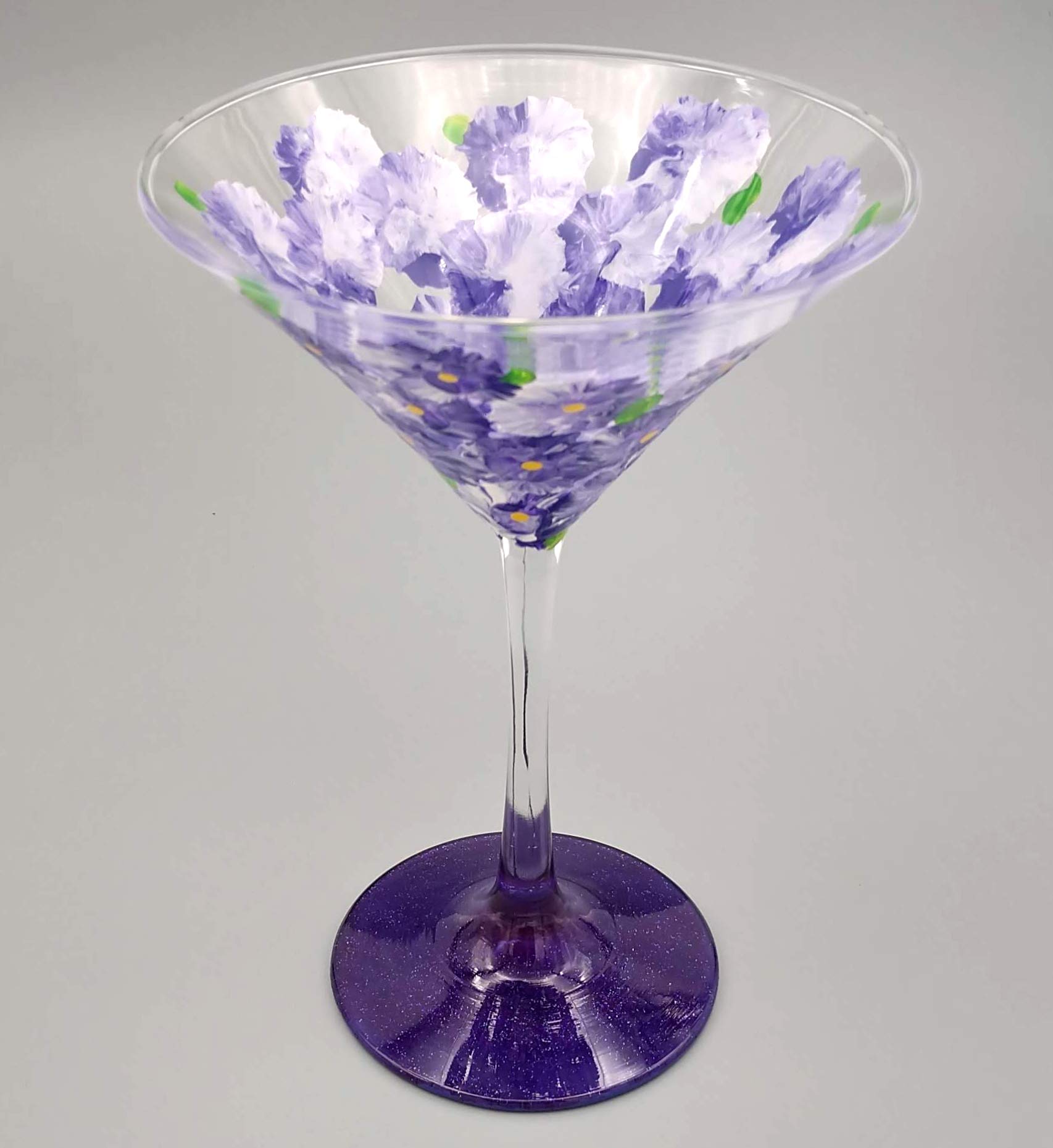 Purple Flowers Hand Painted Martini Glass - Sparkly Purple, Pretty Flower Cocktail Glass