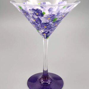 Purple Flowers Hand Painted Martini Glass - Sparkly Purple, Pretty Flower Cocktail Glass