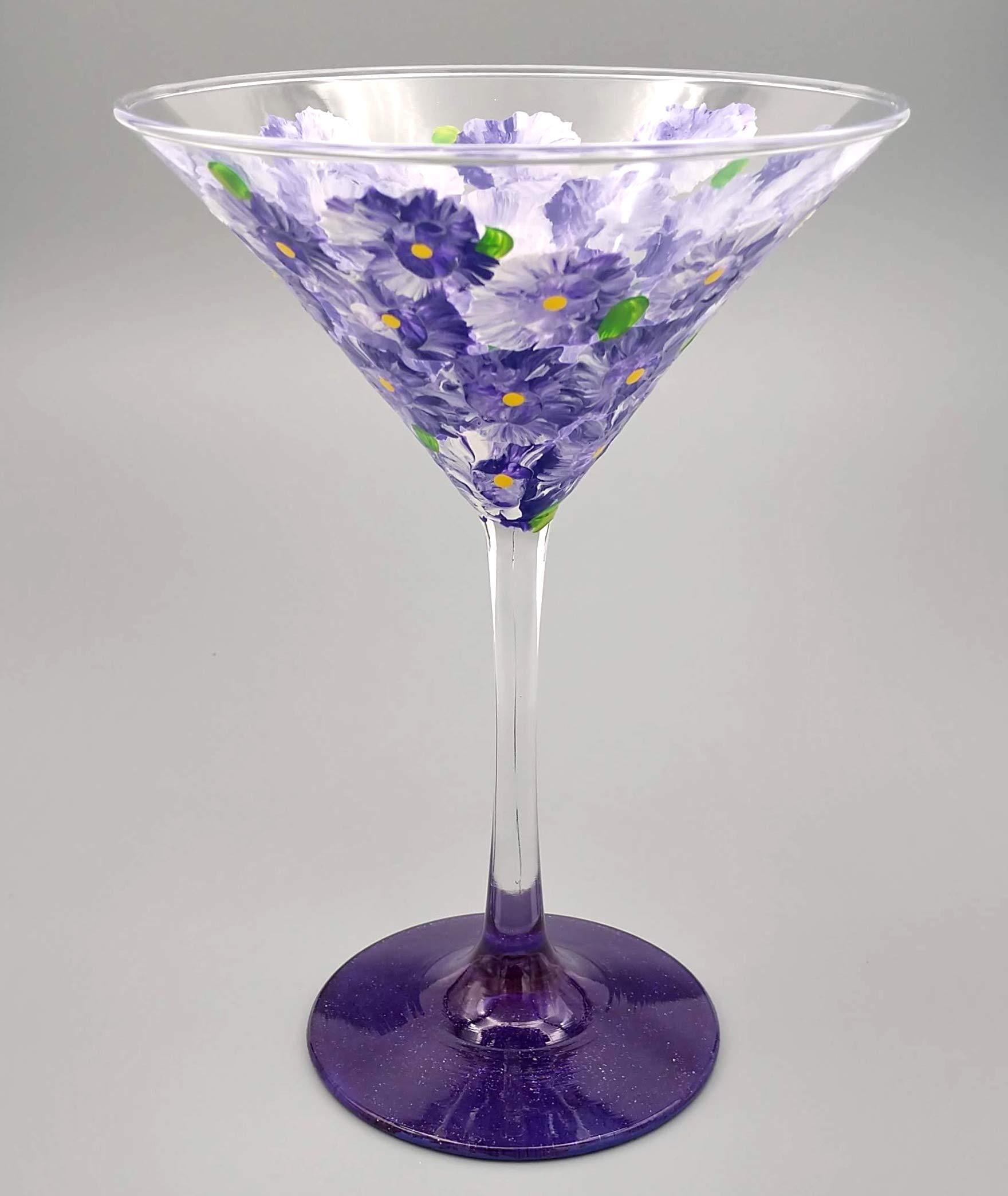 Purple Flowers Hand Painted Martini Glass - Sparkly Purple, Pretty Flower Cocktail Glass