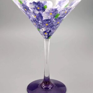 Purple Flowers Hand Painted Martini Glass - Sparkly Purple, Pretty Flower Cocktail Glass