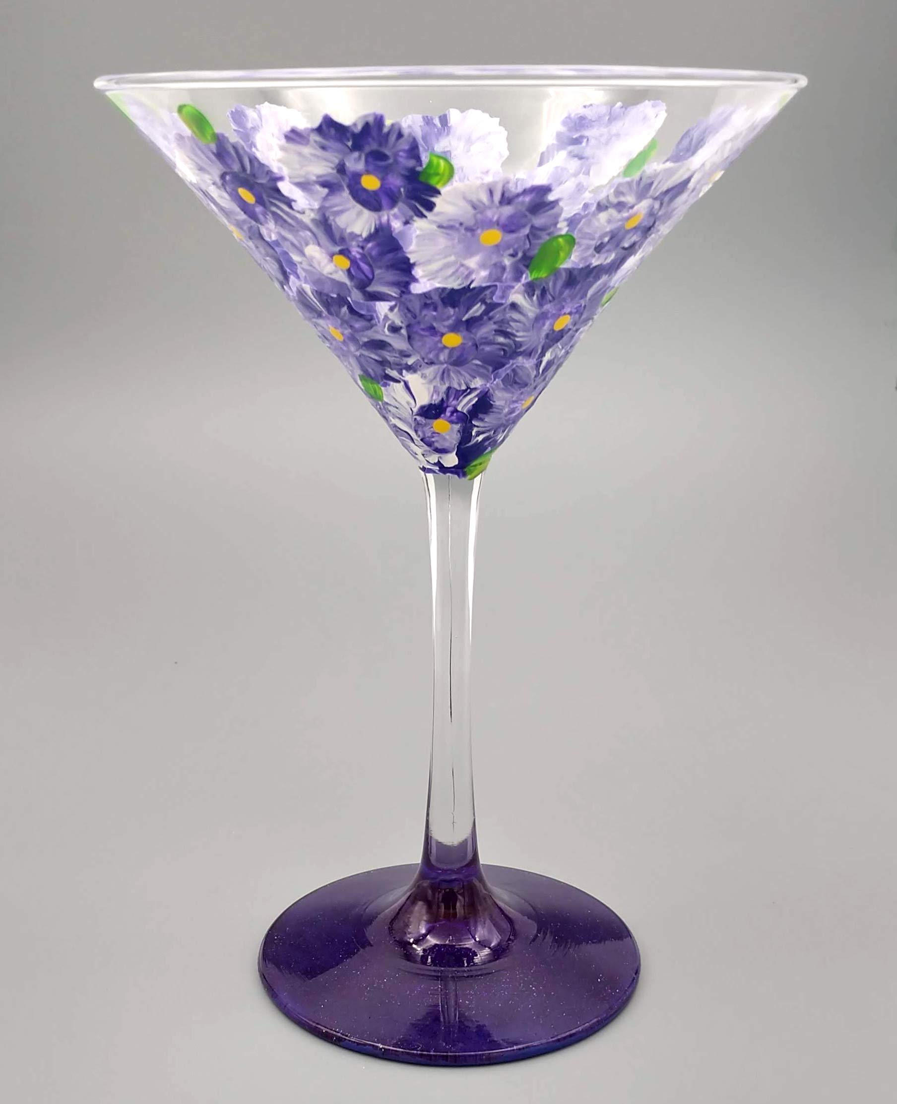 Purple Flowers Hand Painted Martini Glass - Sparkly Purple, Pretty Flower Cocktail Glass