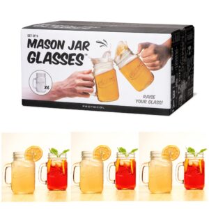 protocol mason jar glasses with handles | set of 6 | 16 oz | includes lids i dishwasher safe drinking glasses | perfect for wedding showers, backyard bbqs | great stocking stuffer, party favor