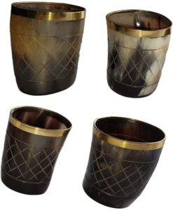 annafi® viking drinking horn glass |set of 4 pieces handicrafted buffalo horn glasses | 3 inch polished with brass trim for ale for partys |decorative handmade mugs/glass |game of thrones collection