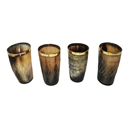 AnNafi® Viking Drinking Horn Glass |Set of 4 pieces Handicrafted Buffalo Horn Glasses | 3 inch Polished With Brass Trim For Ale for Partys |Decorative Handmade Mugs/Glass |Game Of Thrones Collection