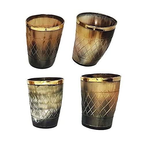 AnNafi® Viking Drinking Horn Glass |Set of 4 pieces Handicrafted Buffalo Horn Glasses | 3 inch Polished With Brass Trim For Ale for Partys |Decorative Handmade Mugs/Glass |Game Of Thrones Collection