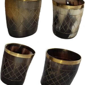 AnNafi® Viking Drinking Horn Glass |Set of 4 pieces Handicrafted Buffalo Horn Glasses | 3 inch Polished With Brass Trim For Ale for Partys |Decorative Handmade Mugs/Glass |Game Of Thrones Collection