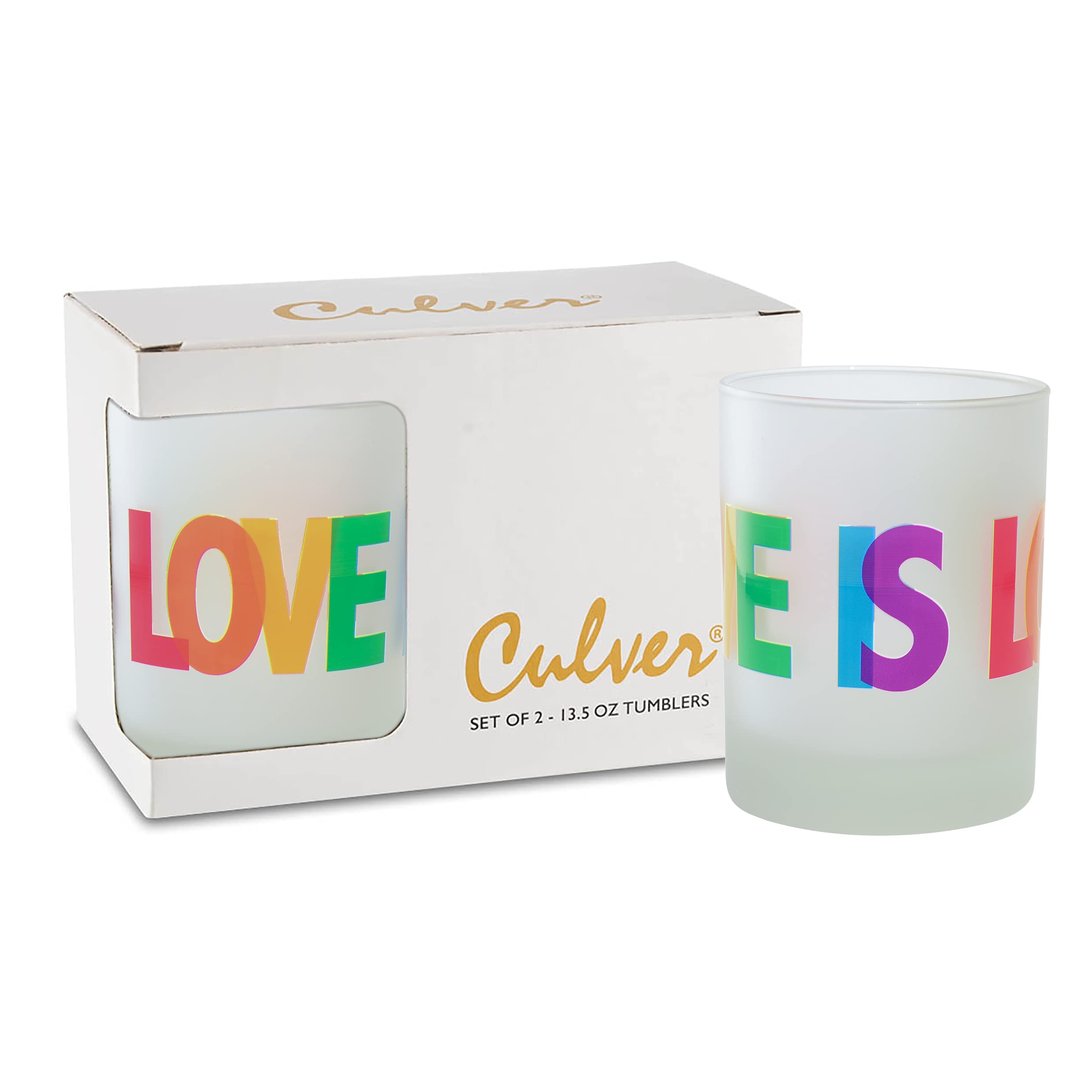 Culver Pride Decorated Frosted Double Old Fashioned Tumbler Glasses, 13.5-Ounce, Gift Boxed Set of 2 (Love Is Love)