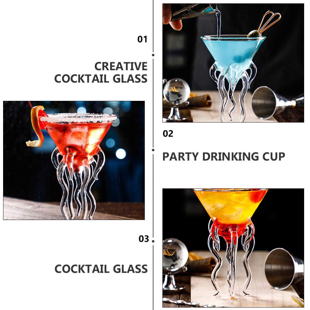 Hemoton 2pcs Octopus Cocktail Glass Transparent Martini Glass Creative Jellyfish Glass Cup Juice Toasting Goblet Tumbler for Kitchen Bar Party Wedding