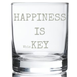 happiness is key | 11 ounce rocks glass | old fashioned | highball glass for men women dad father's day