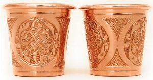 dede copper - 2023 cc series 2 oz (set of 2) tequila/vodka shot glasses, mini moscow mule cup, handmade unlined uncoated thickest pure solid copper mini tumblers for cocktails (engraved art)