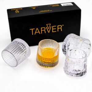 tarver - spinning whiskey glass cups (set of 4), 5.4 fl oz, clear thick premium quality glass cups for bourbon, scotch, cocktails, cognac, rum, vodka