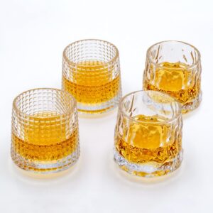 TARVER - Spinning Whiskey Glass Cups (Set of 4), 5.4 fl oz, Clear Thick Premium Quality Glass Cups for Bourbon, Scotch, Cocktails, Cognac, Rum, Vodka